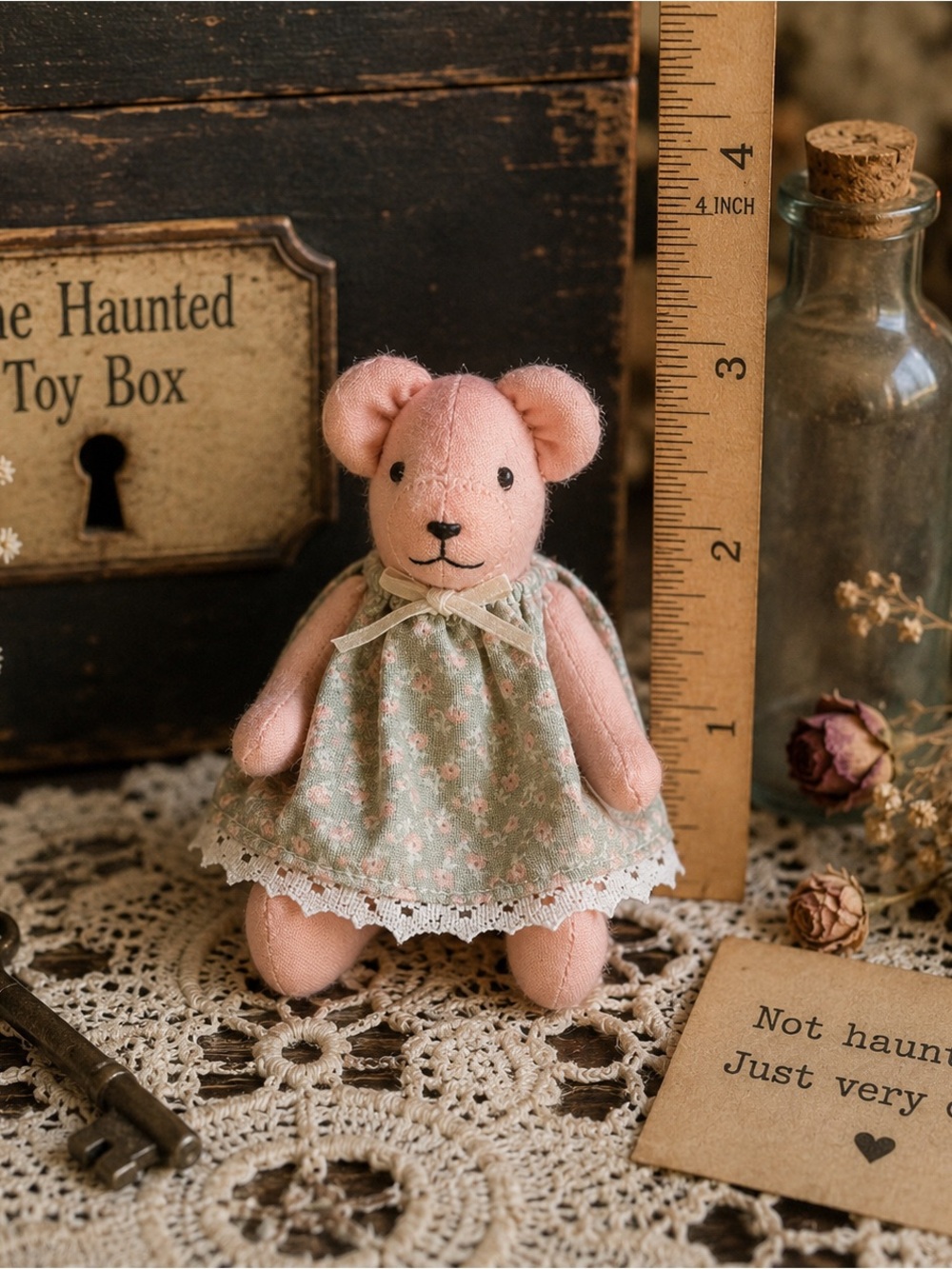 Handmade vintage 5” Pink Cloth Bear in Floral Dress
